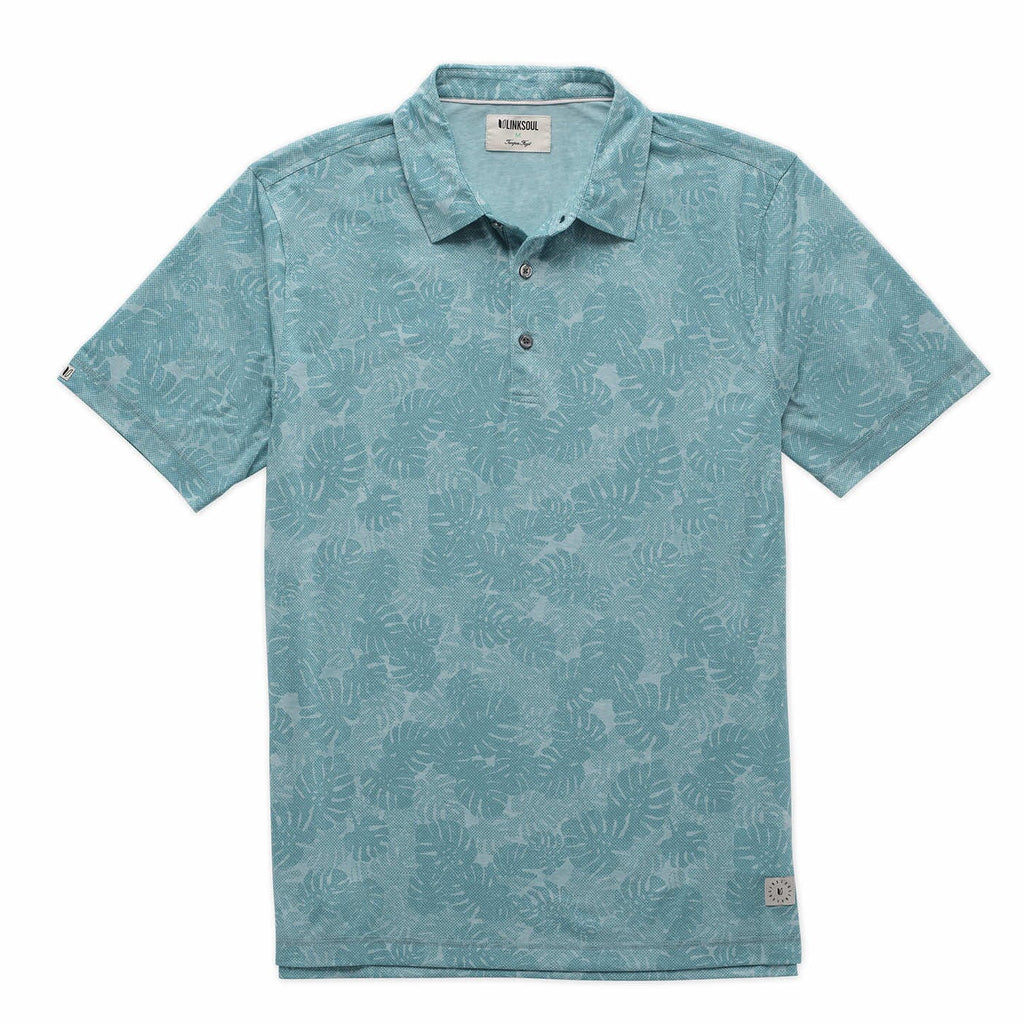 Teal patterned polo shirt on a white background
