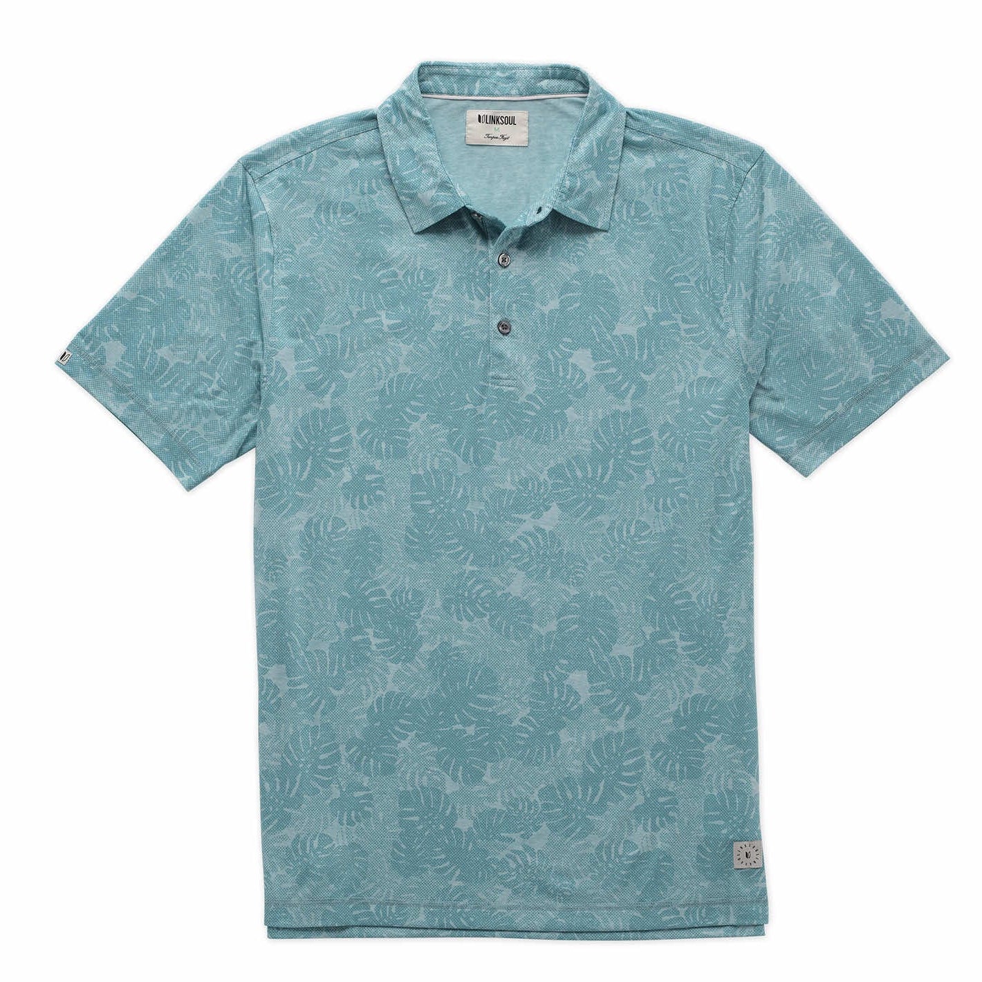 Teal patterned polo shirt on a white background