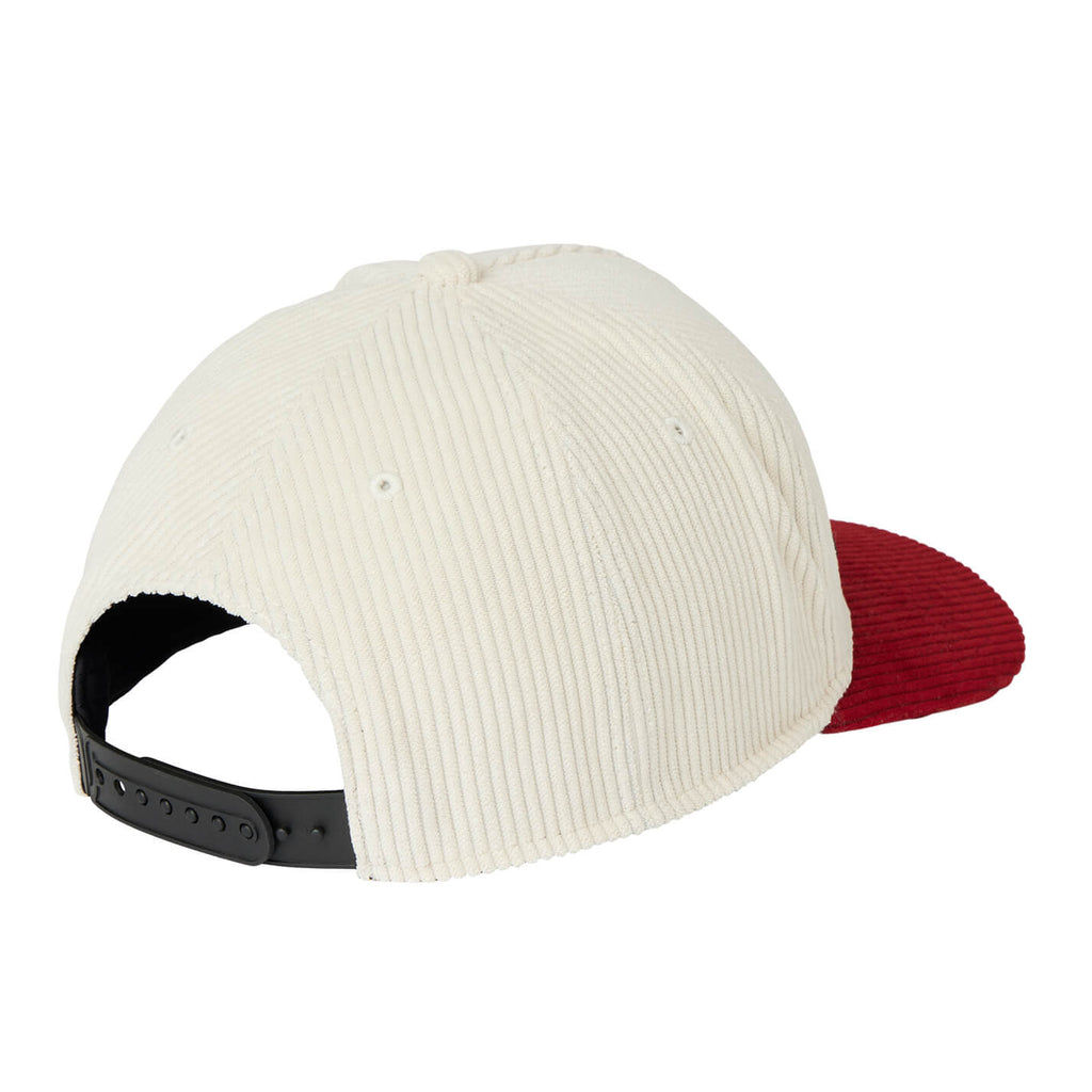 White and red cap with black strap on a white background