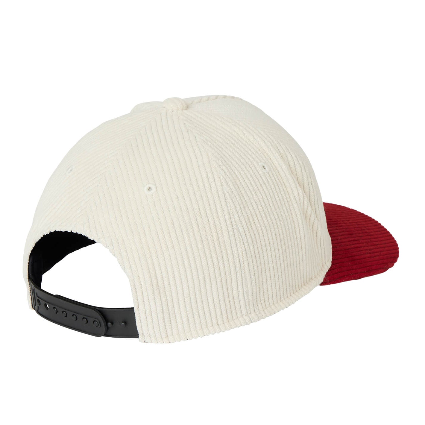 White and red cap with black strap on a white background