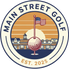 Logo for Main Street Golf with a golf ball and American flag design, set against a sunset background.