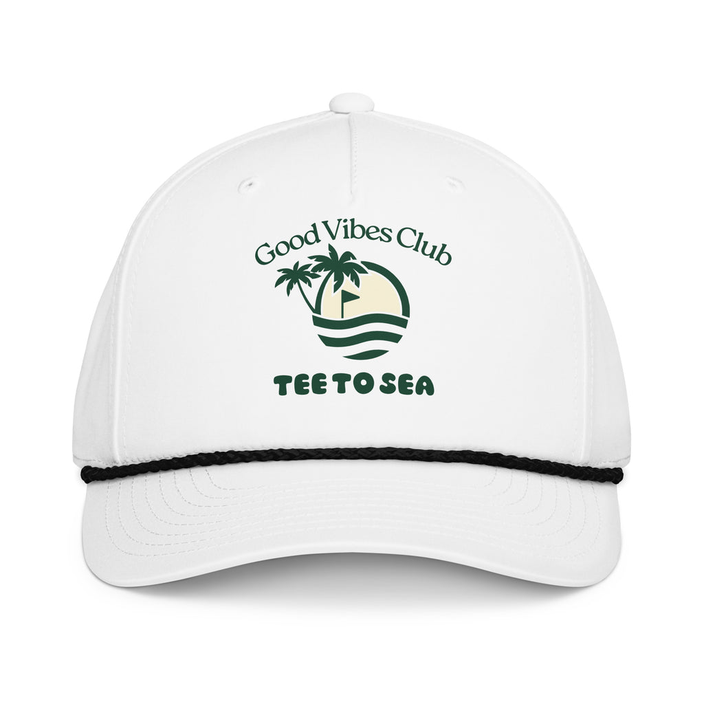 White cap with 'Good Vibes Club Tee to Sea' logo on a white background