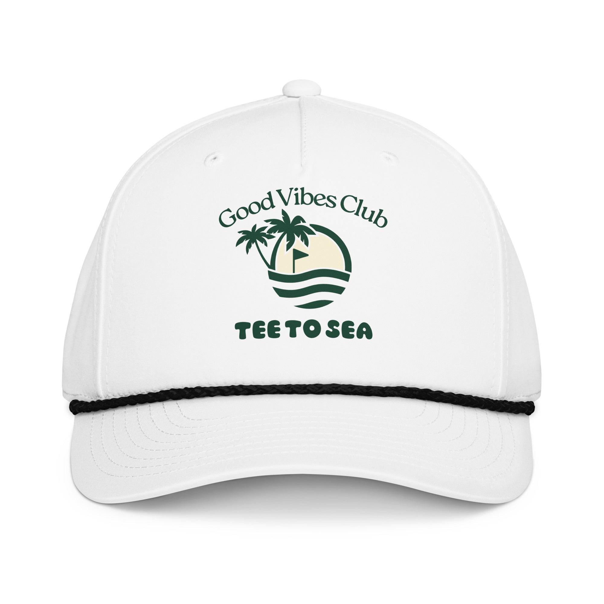 White cap with 'Good Vibes Club Tee to Sea' logo on a white background