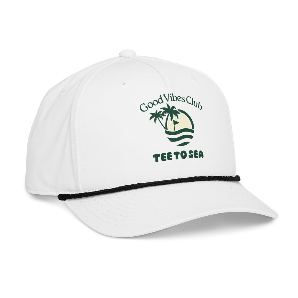 White cap with 'Good Vibes Club' logo on a white background