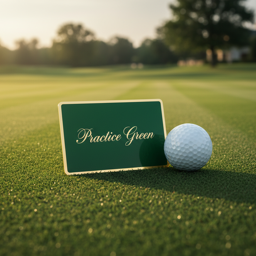 The text on the card should say Practice Green