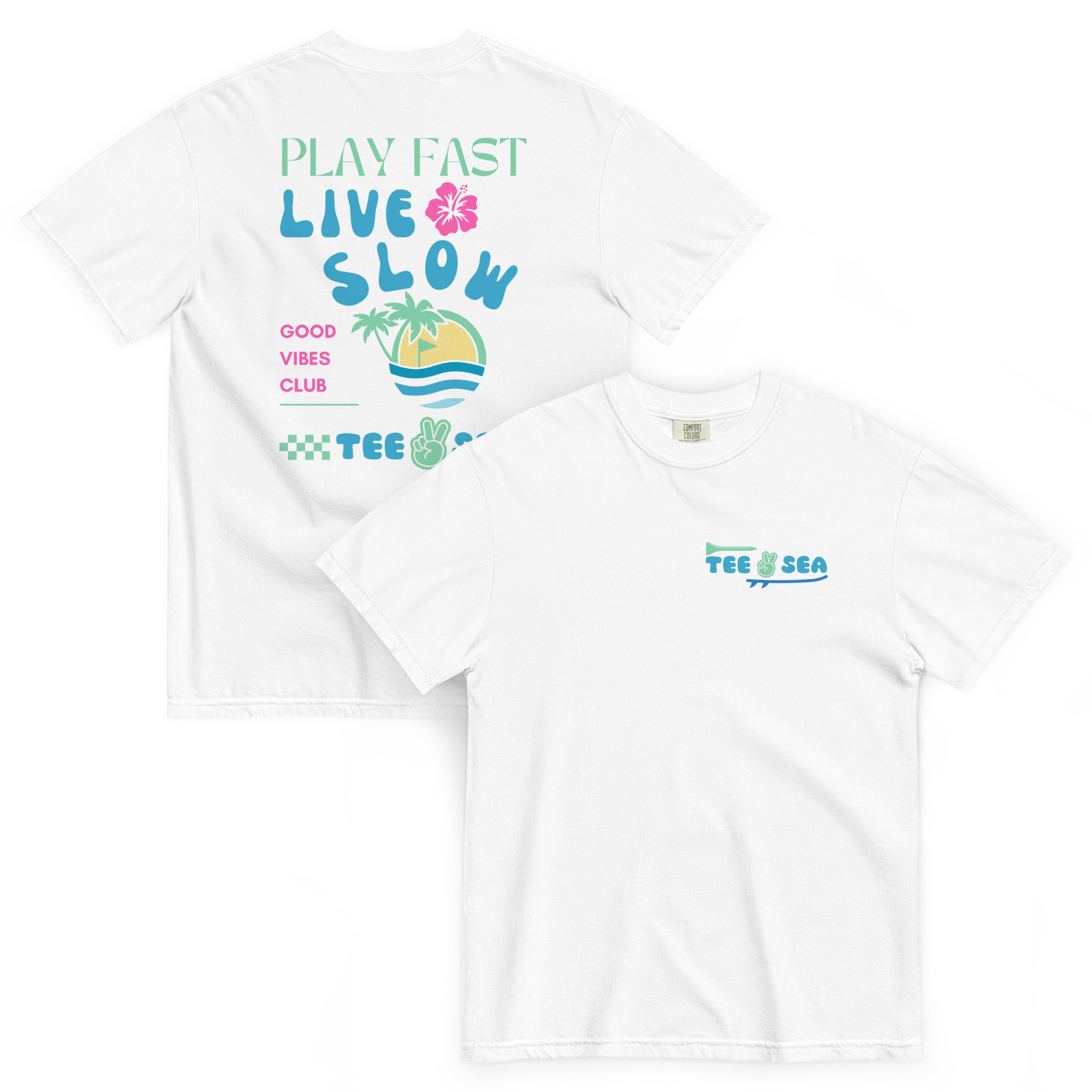 White t-shirt with colorful graphics and text on a white background
