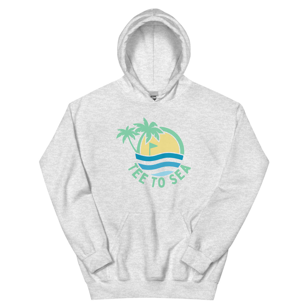 Gray hoodie with a palm tree and wave design on a white background