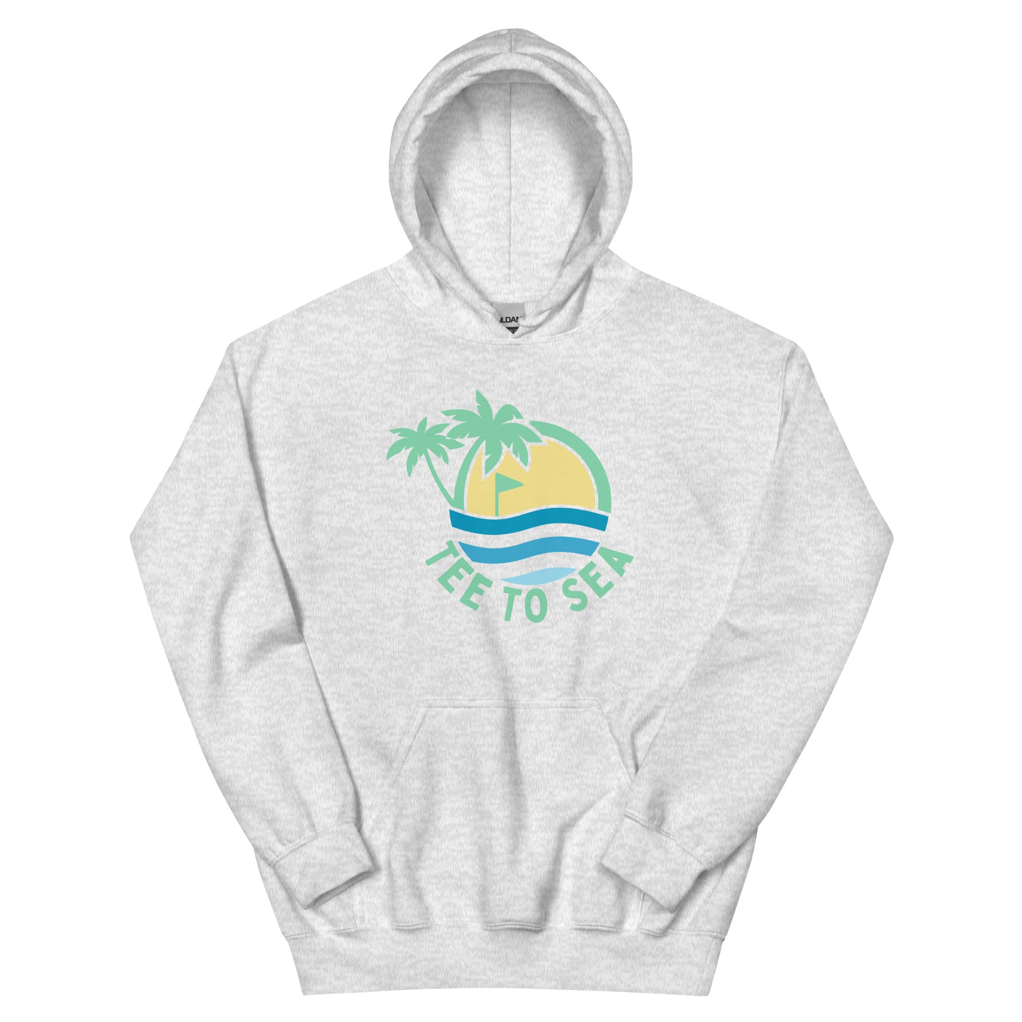 Gray hoodie with a palm tree and wave design on a white background