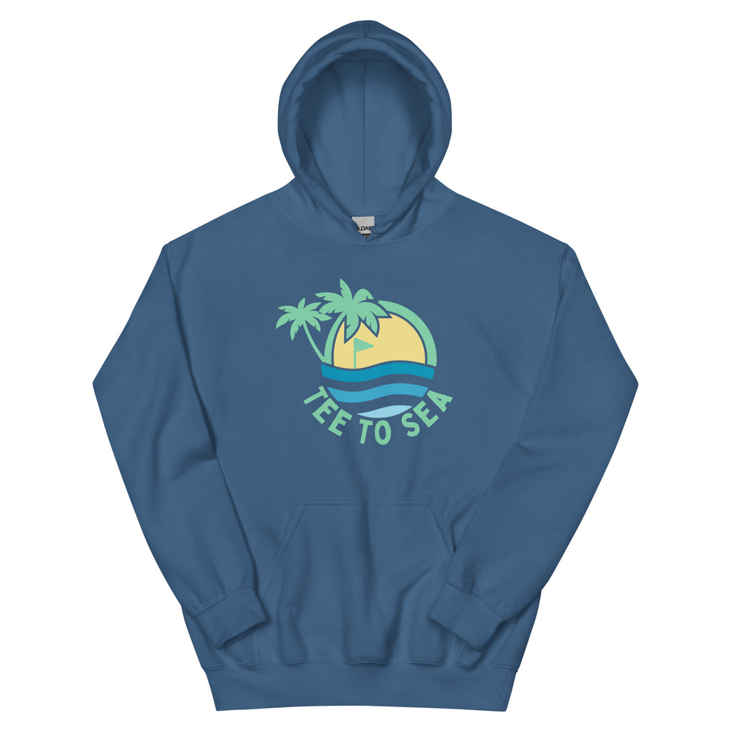 Blue hoodie with 'Tee to Sea' logo on a white background