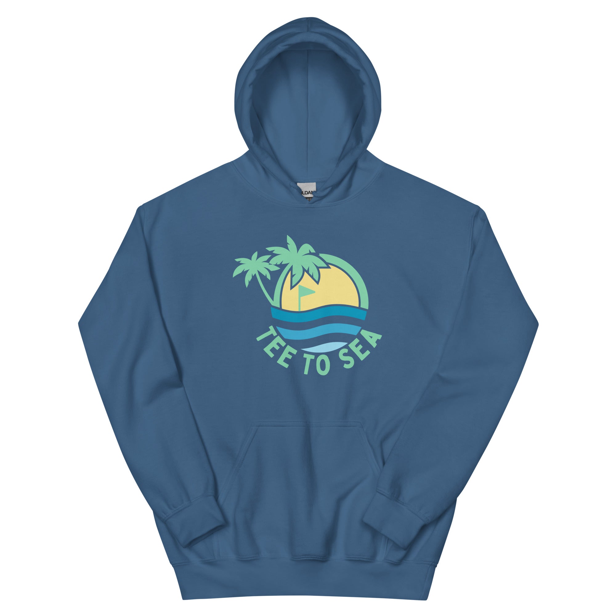 Blue hoodie with 'Tee to Sea' logo on a white background