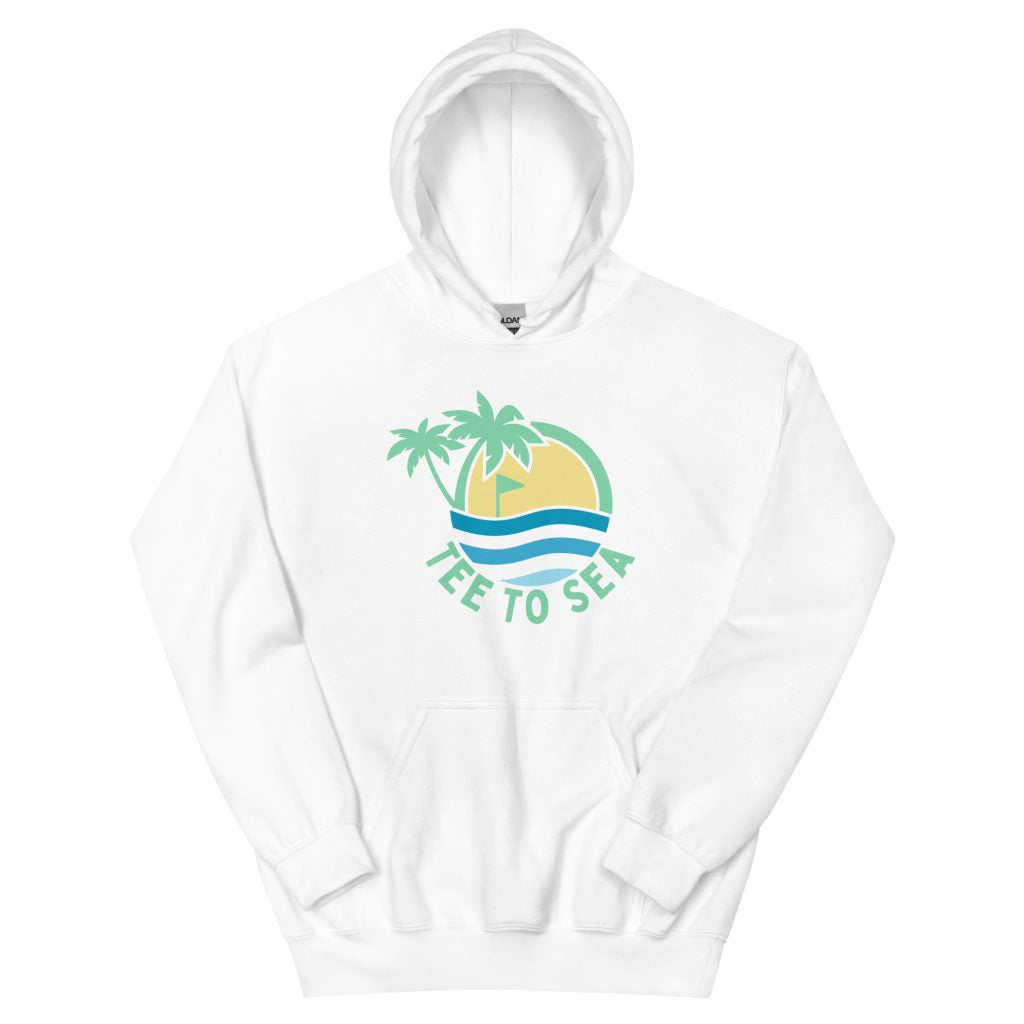 White hoodie with palm tree and wave design on a white background